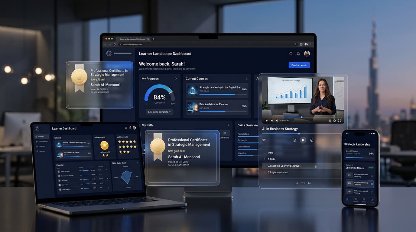 Premium UI showcase of the Al Manhal Gate learning platform