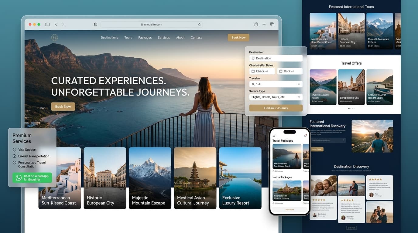 Premium UI showcase of the Al Nawras Al Rahal travel and tourism website